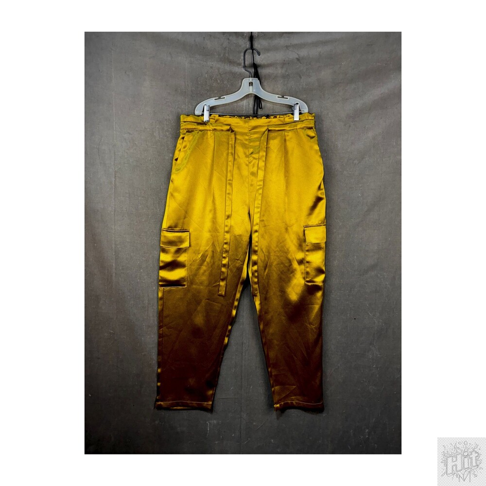 Gabrielle Union Cargo Pants Gold Satin Large Women Pre-Owned Elastic Waist Pocke